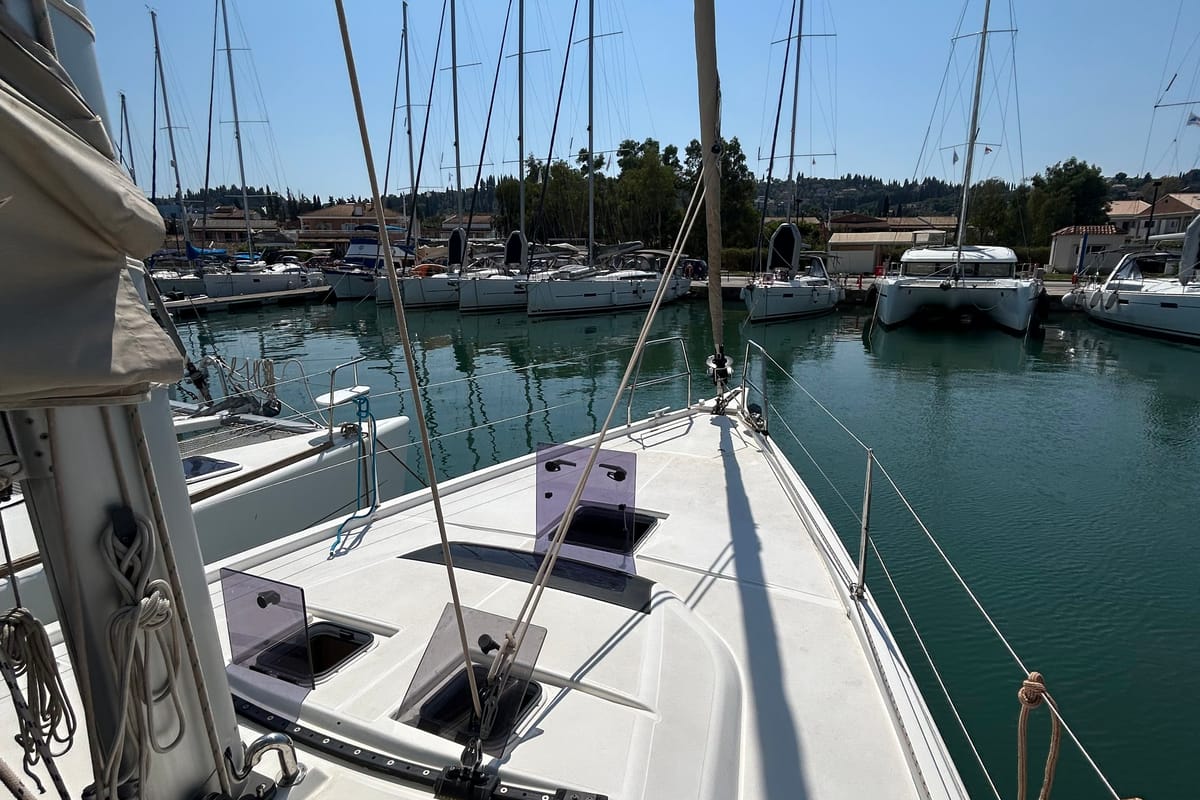 Deck of Echo II, a Dufour 430 GL sailboat at Kontokali, Greece