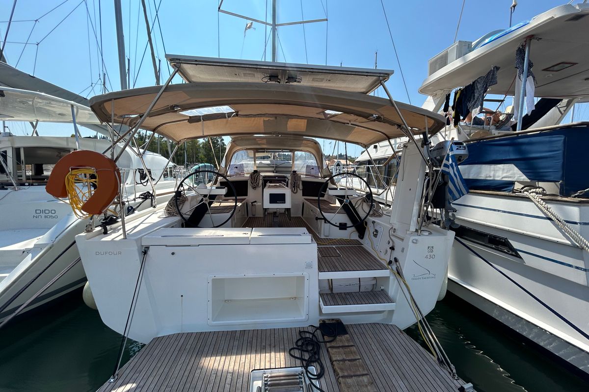 Cockpit of Echo II, a Dufour 430 GL sailboat at Kontokali, Greece