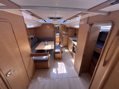 Salon of Echo II, a Dufour 430 GL sailboat at Kontokali, Greece