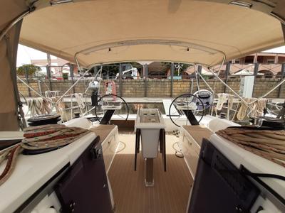 Cockpit of Inycum, a Dufour 390 GL sailboat at Tonnarella, Italy