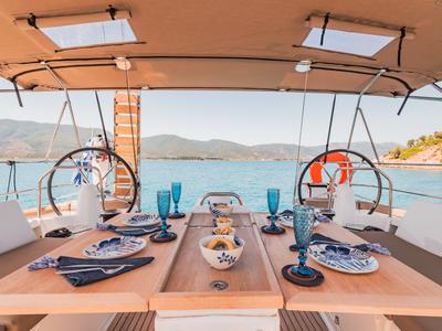 Deck of Notus, a Jeanneau Sun Odyssey 490 sailboat at Athens, Greece
