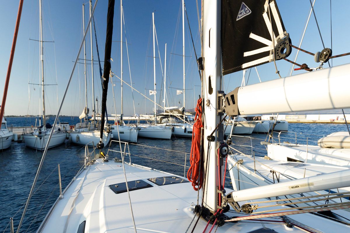 Deck of Astro, a Bavaria Cruiser 46 sailboat at Kos, Greece