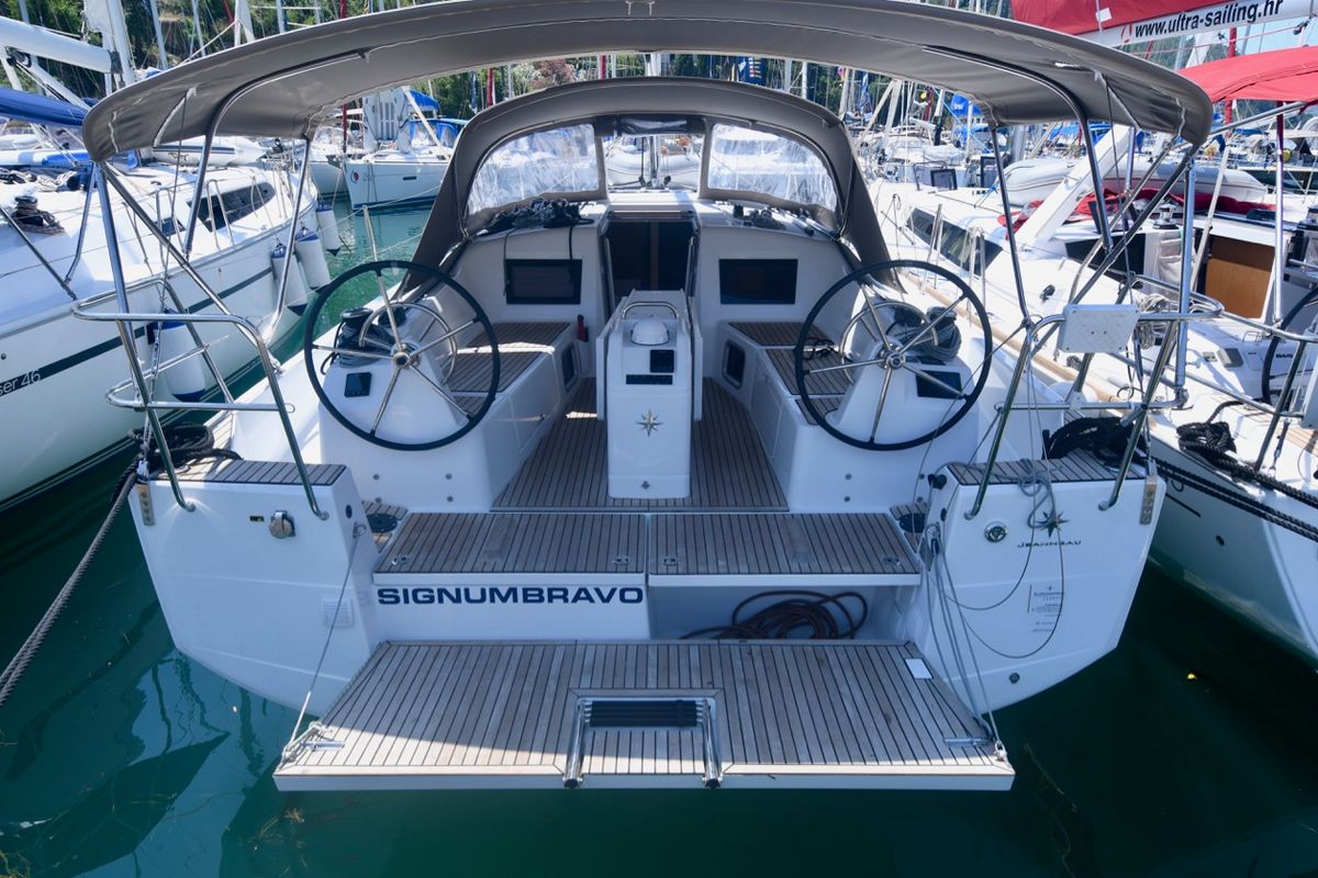 Exterior view of Signum Bravo, a Jeanneau Sun Odyssey 410 sailboat at Dubrovnik, Croatia