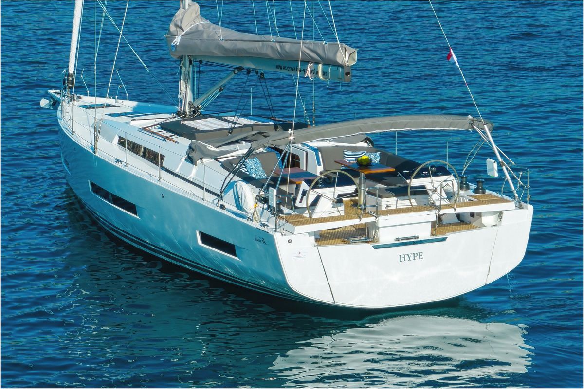 Exterior view of Hype, a Hanse Yachts Hanse 510 sailboat at Grad Biograd na Moru, Croatia