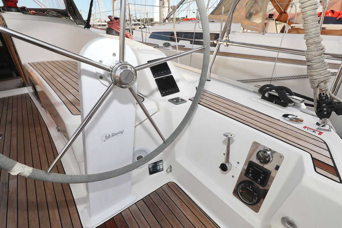 Cockpit of Arizona, a Bavaria Cruiser 34 sailboat at Grad Vodice, Croatia