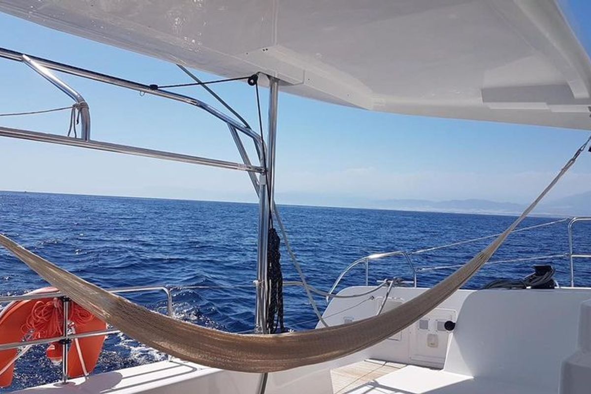 Exterior view of Mojito, a Lagoon 42 catamaran at Preveza, Greece
