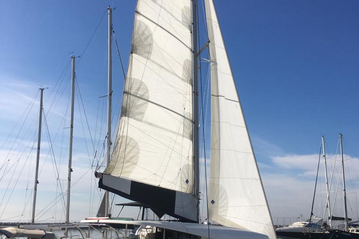 Exterior view of Mojito, a Lagoon 42 catamaran at Preveza, Greece