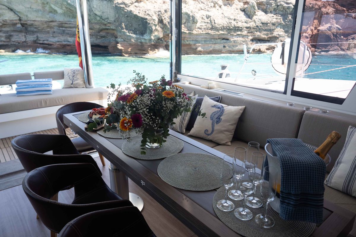 Salon of Mim Ocean 3, a Bali 5.4 catamaran at Port d'Andratx, Spain
