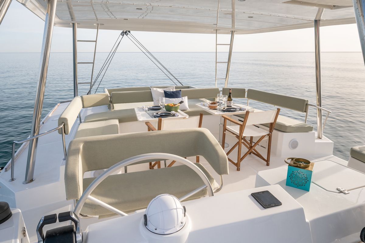 Cockpit of Mim Ocean 3, a Bali 5.4 catamaran at Port d'Andratx, Spain