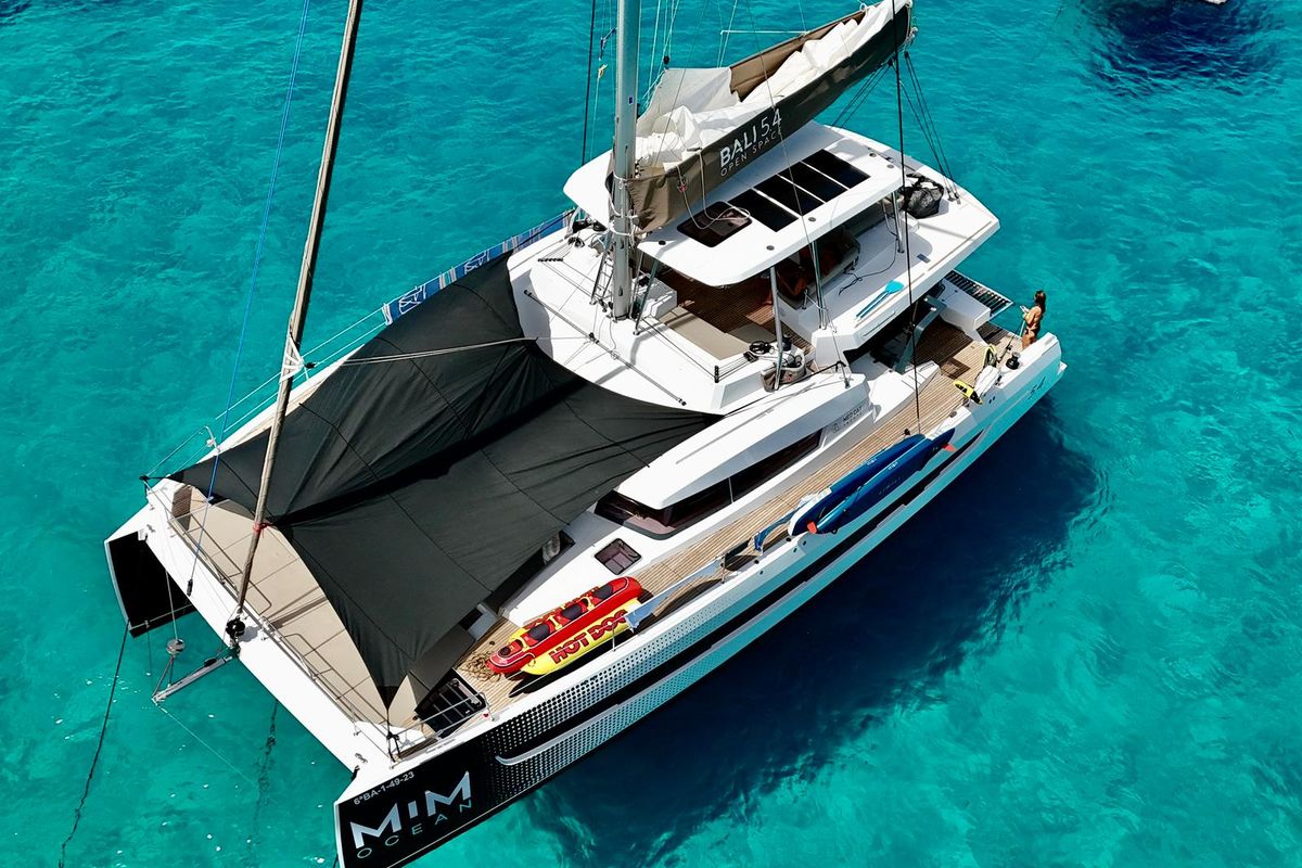 Exterior view of Mim Ocean 3, a Bali 5.4 catamaran at Port d'Andratx, Spain