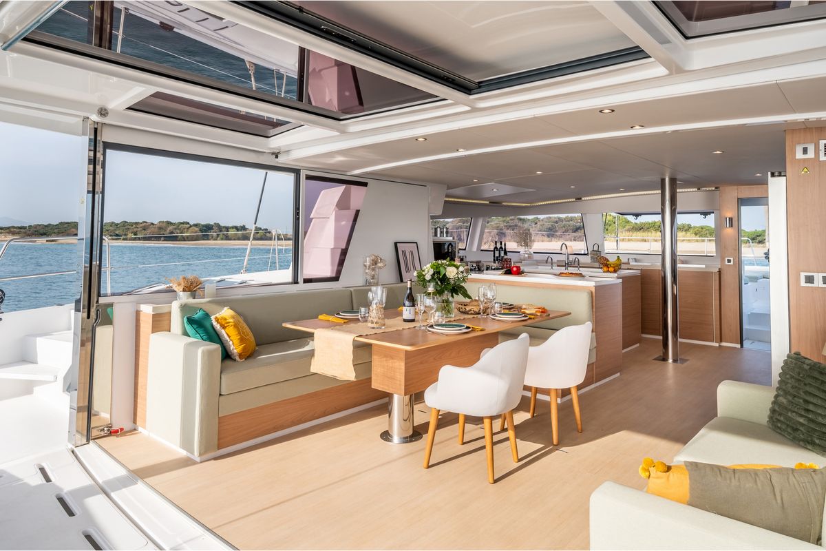 Salon of Mim Ocean 3, a Bali 5.4 catamaran at Port d'Andratx, Spain