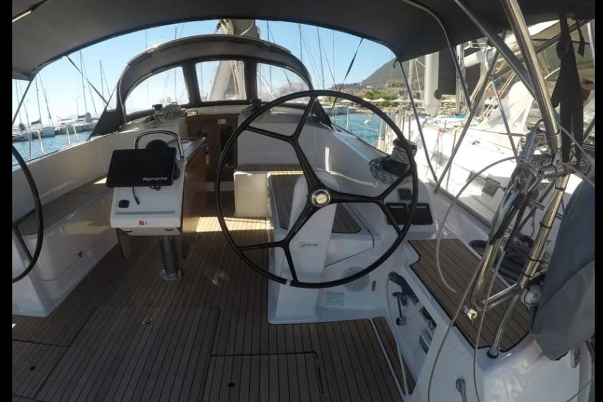 Cockpit of Classic, a Bavaria 46 sailboat at Municipal Unit of Lefkada, Greece