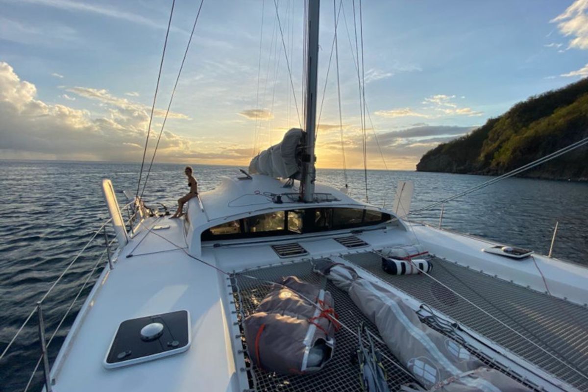 Deck of Castor, a Marsaudon Composites TS 42 catamaran at Pléneuf-Val-André, France