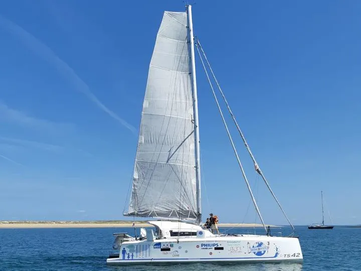 Exterior view of Castor, a Marsaudon Composites TS 42 catamaran at Pléneuf-Val-André, France