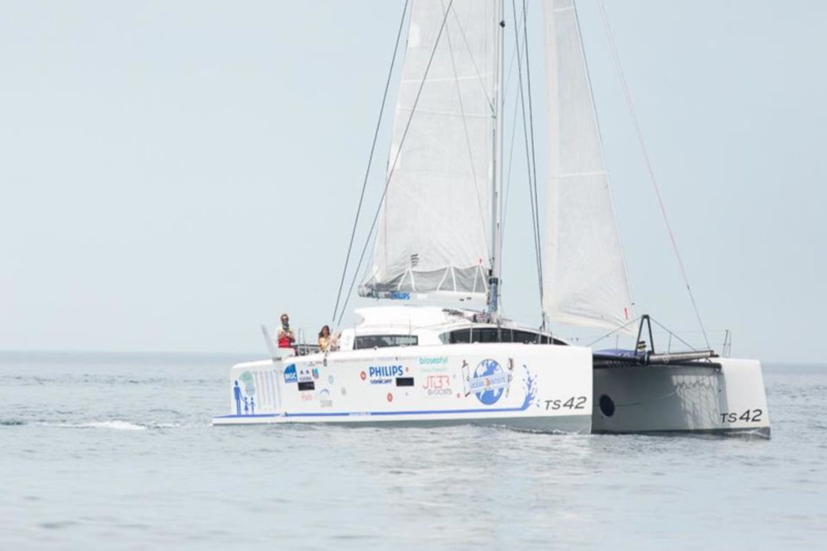 Exterior view of Castor, a Marsaudon Composites TS 42 catamaran at Pléneuf-Val-André, France