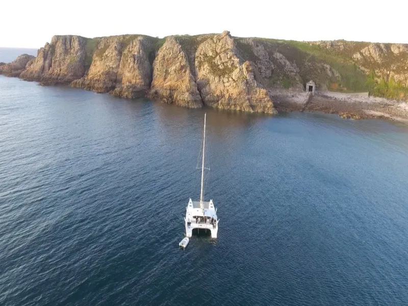 Exterior view of Castor, a Marsaudon Composites TS 42 catamaran at Pléneuf-Val-André, France