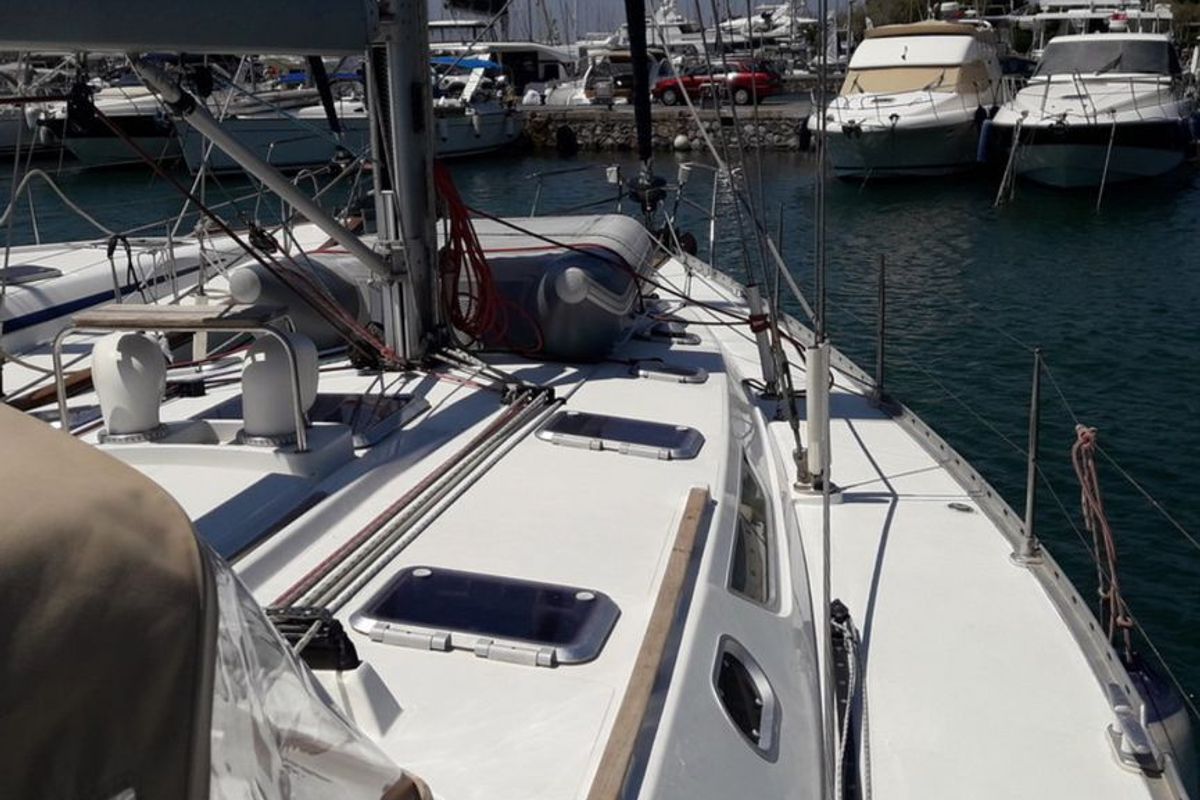 Deck of Hesiodos, a Jeanneau Sun Odyssey 52.2 sailboat at Athens, Greece