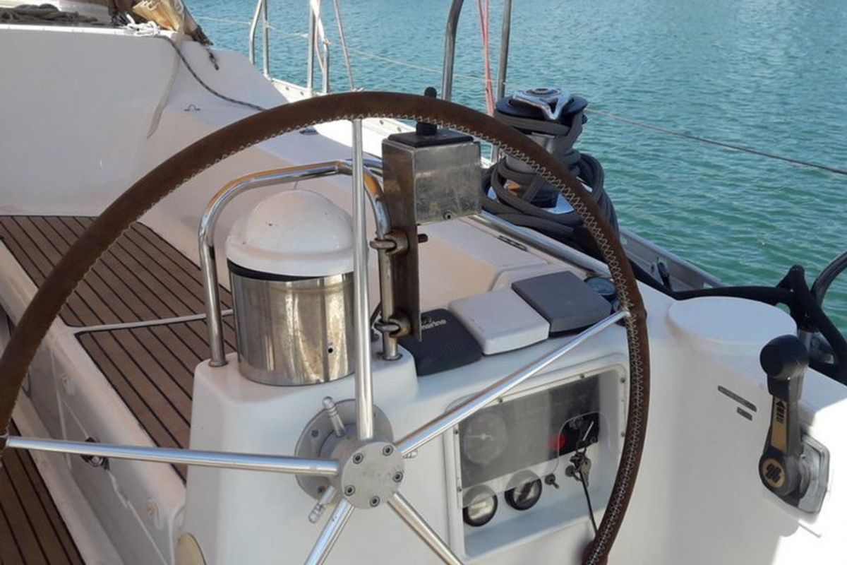 Cockpit of Hesiodos, a Jeanneau Sun Odyssey 52.2 sailboat at Athens, Greece