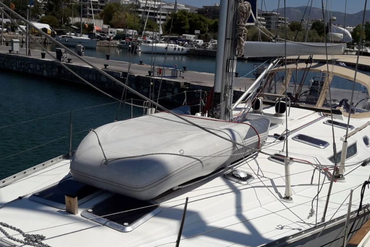 Deck of Hesiodos, a Jeanneau Sun Odyssey 52.2 sailboat at Athens, Greece