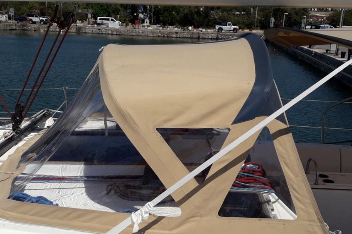 Deck of Hesiodos, a Jeanneau Sun Odyssey 52.2 sailboat at Athens, Greece
