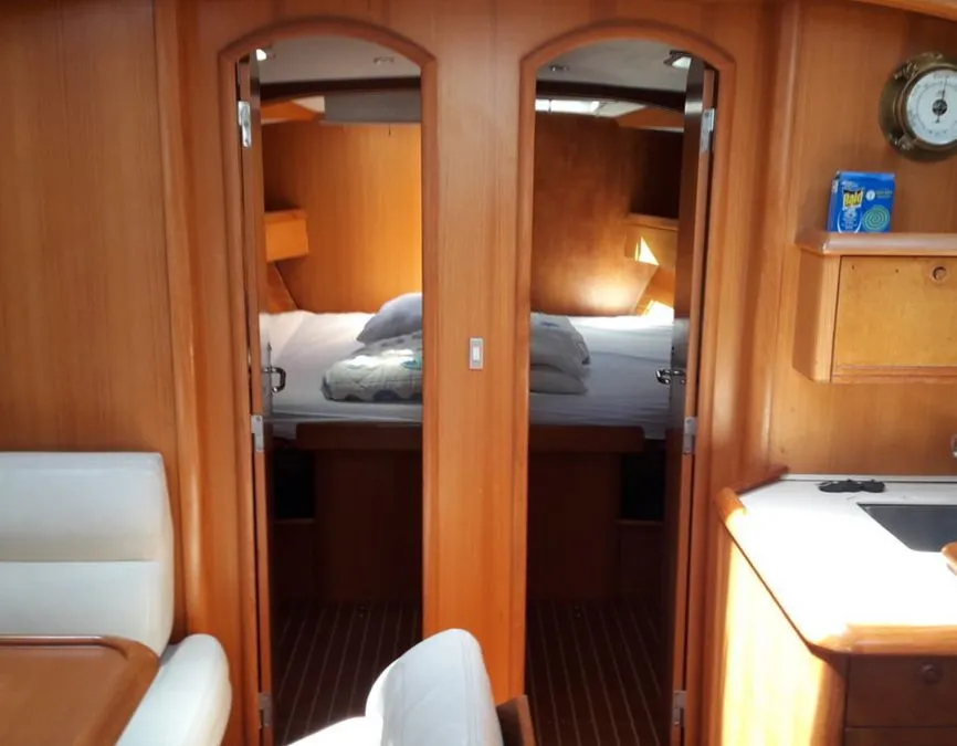 Cabin on Hesiodos, a Jeanneau Sun Odyssey 52.2 sailboat at Athens, Greece