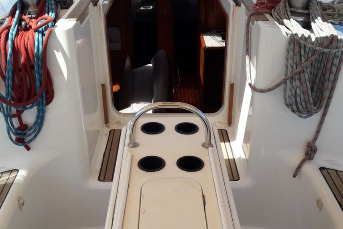 Deck of Hesiodos, a Jeanneau Sun Odyssey 52.2 sailboat at Athens, Greece
