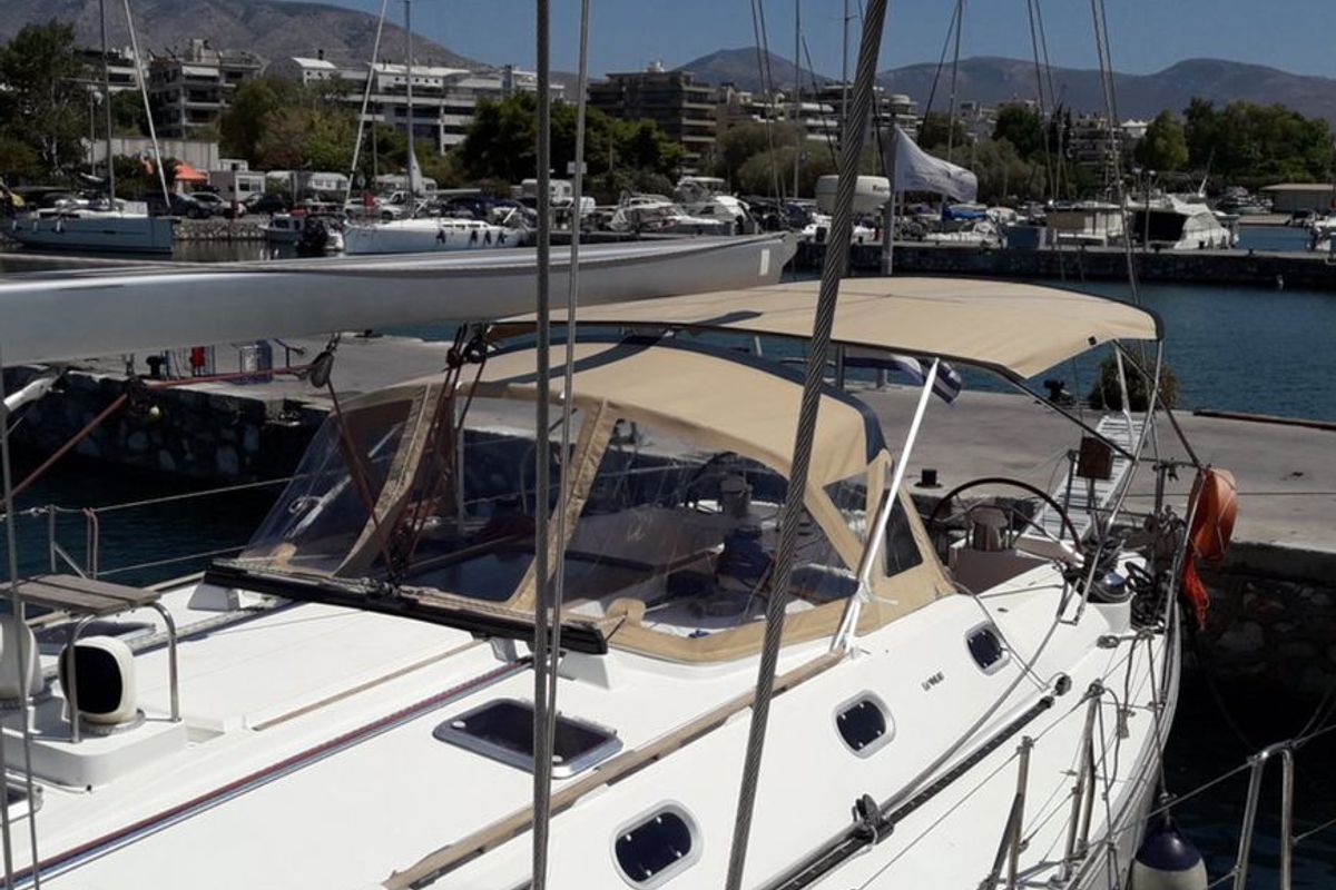 Exterior view of Hesiodos, a Jeanneau Sun Odyssey 52.2 sailboat at Athens, Greece