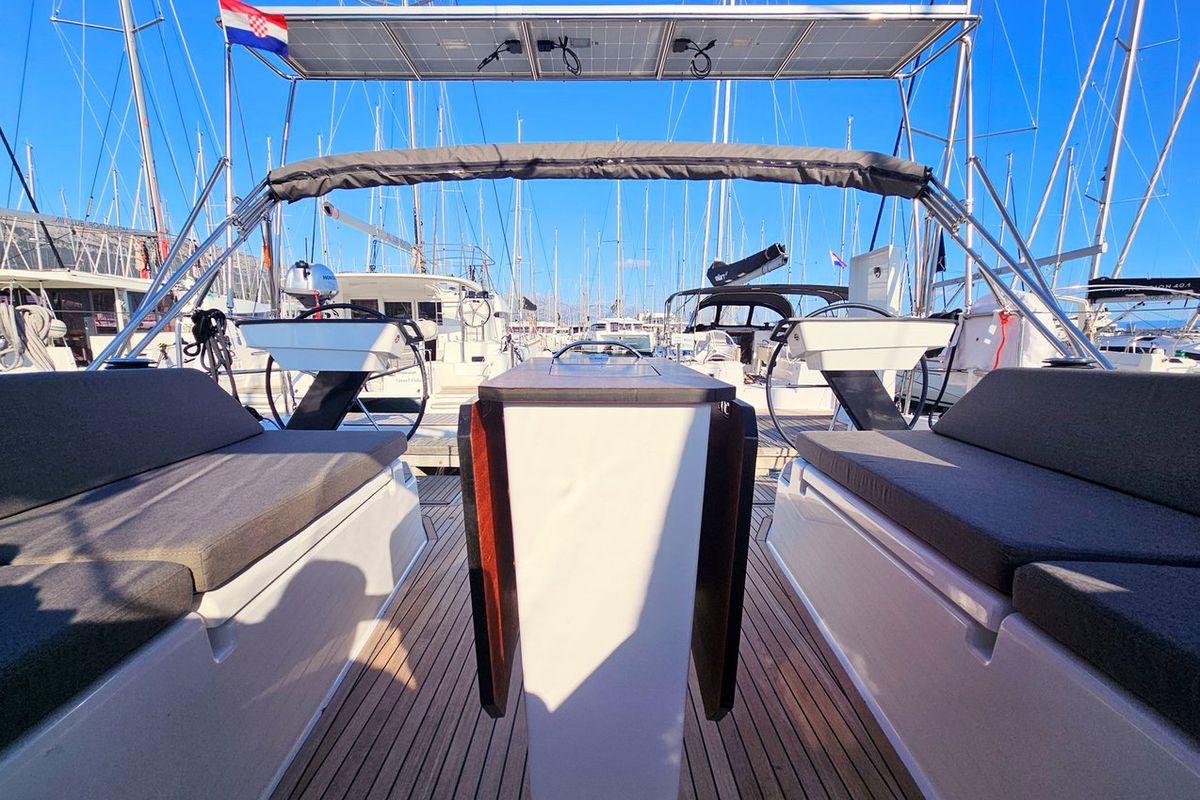 Deck of Fortissimo, a Dufour 44 sailboat at Grad Kaštela, Croatia