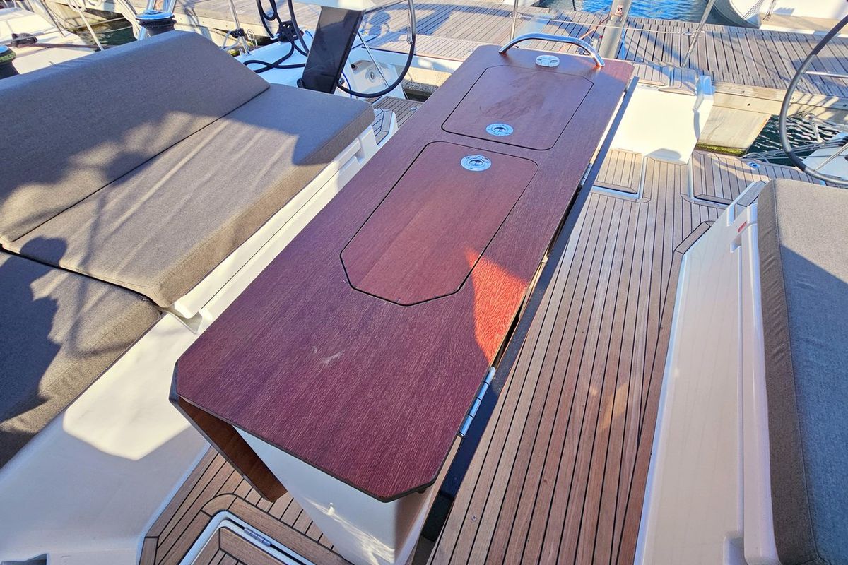 Deck of Fortissimo, a Dufour 44 sailboat at Grad Kaštela, Croatia