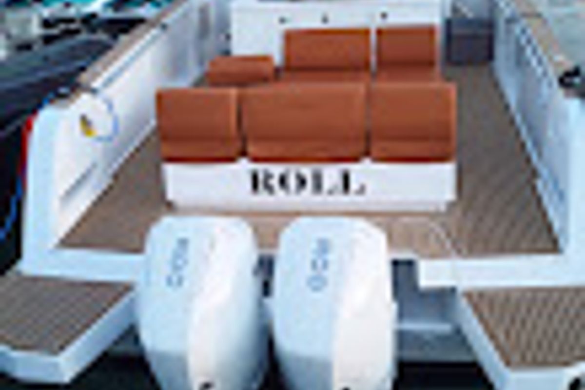Deck of Roll, a Pardo 38 motorboat at Ibiza, Spain