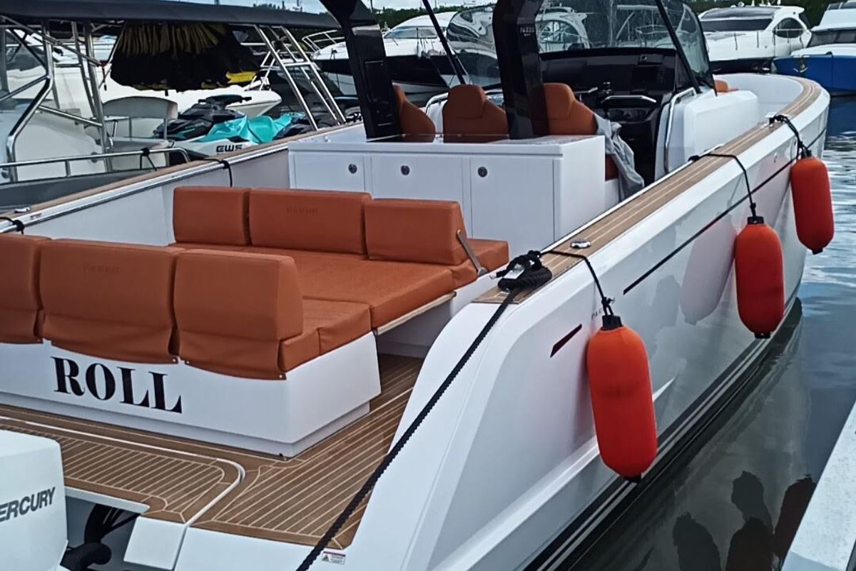 Deck of Roll, a Pardo 38 motorboat at Ibiza, Spain