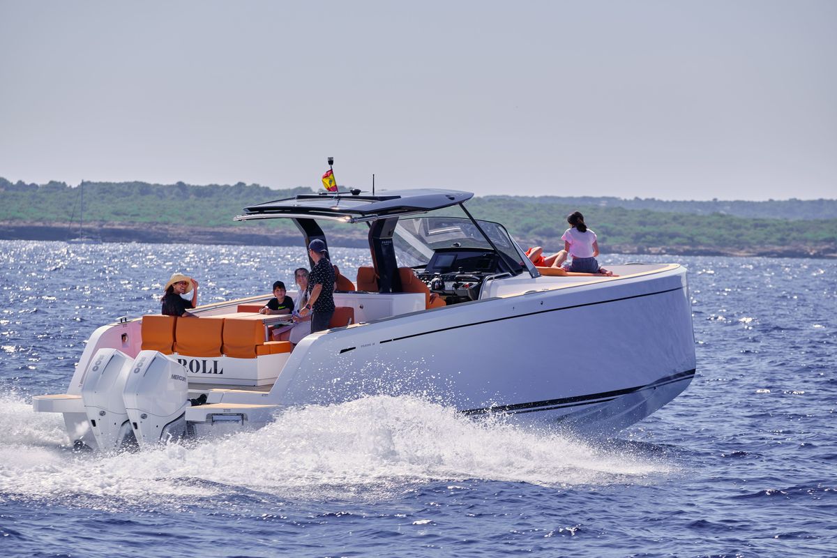 Exterior view of Roll, a Pardo 38 motorboat at Ibiza, Spain