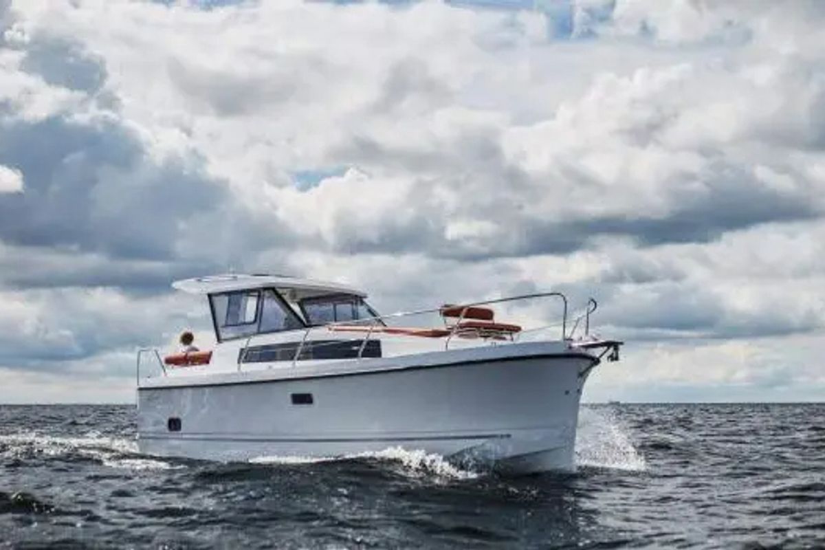 Exterior view of Holland, a Northman Nexus Revo 870 Prestige motorboat at Sztynort, Poland