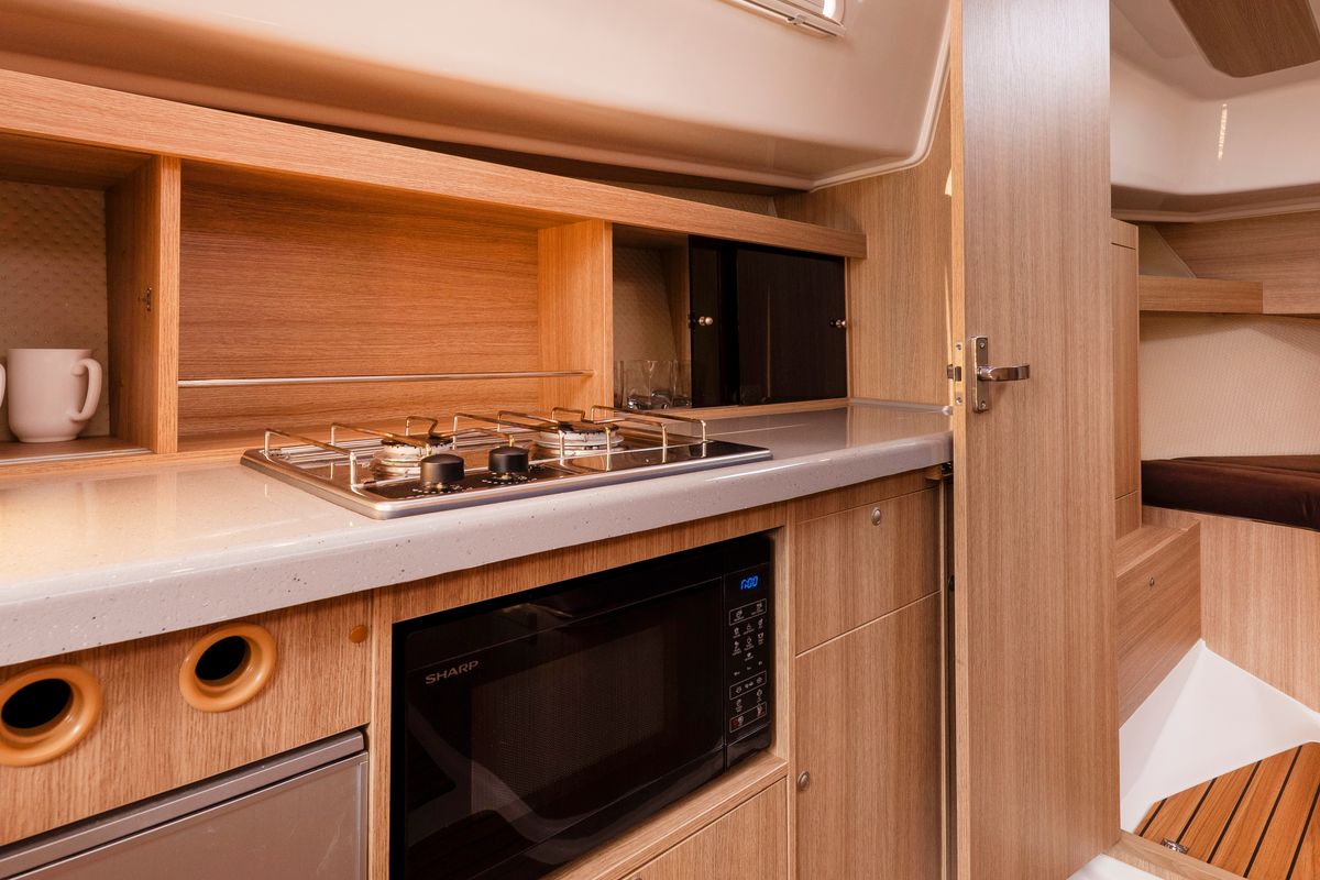 Galley of Holland, a Northman Nexus Revo 870 Prestige motorboat at Sztynort, Poland