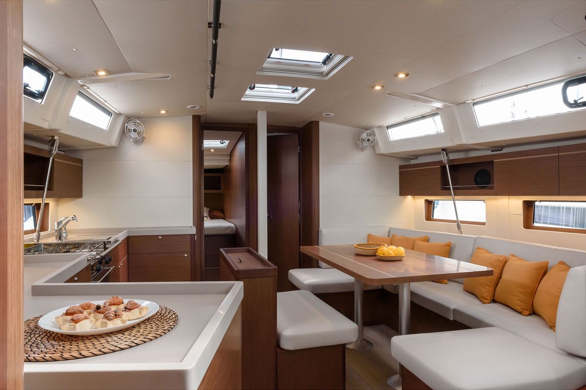 Salon of Circe - Water maker, Solar Panel, a Beneteau Oceanis 46.1 sailboat at Cannigione, Italy