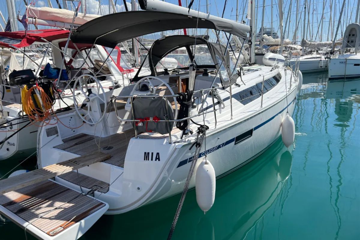 Exterior view of Mia, a Bavaria Cruiser 37 sailboat at Split, Croatia