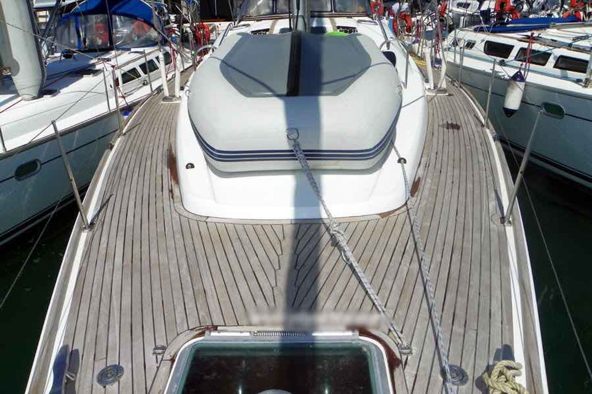 Deck of Idrea, a Jeanneau Sun Odyssey 49 DS sailboat at Lavreotiki Municipal Unit, Greece