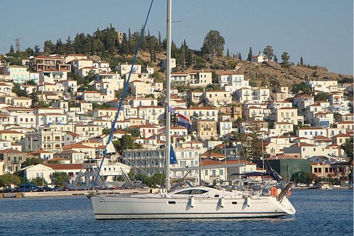Exterior view of Idrea, a Jeanneau Sun Odyssey 49 DS sailboat at Lavreotiki Municipal Unit, Greece
