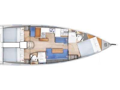 Floor plan of Sunsail 410 Premium, a Jeanneau Sun Odyssey 410 sailboat at Procida, Italy