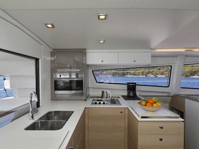 Cockpit of Sylvester, a Bali 4.5 catamaran at Grad Šibenik, Croatia