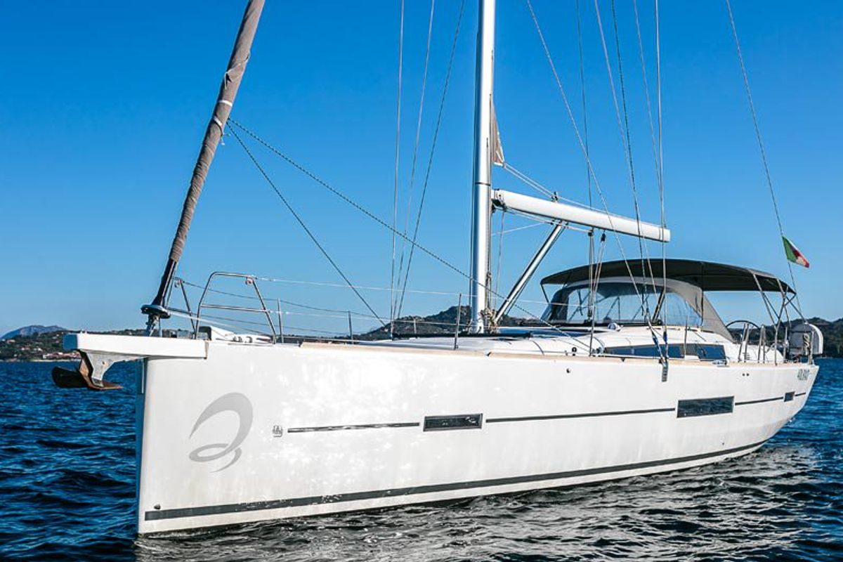Exterior view of Sofia, a Dufour 512 Grand Large sailboat at Olbia, Italy