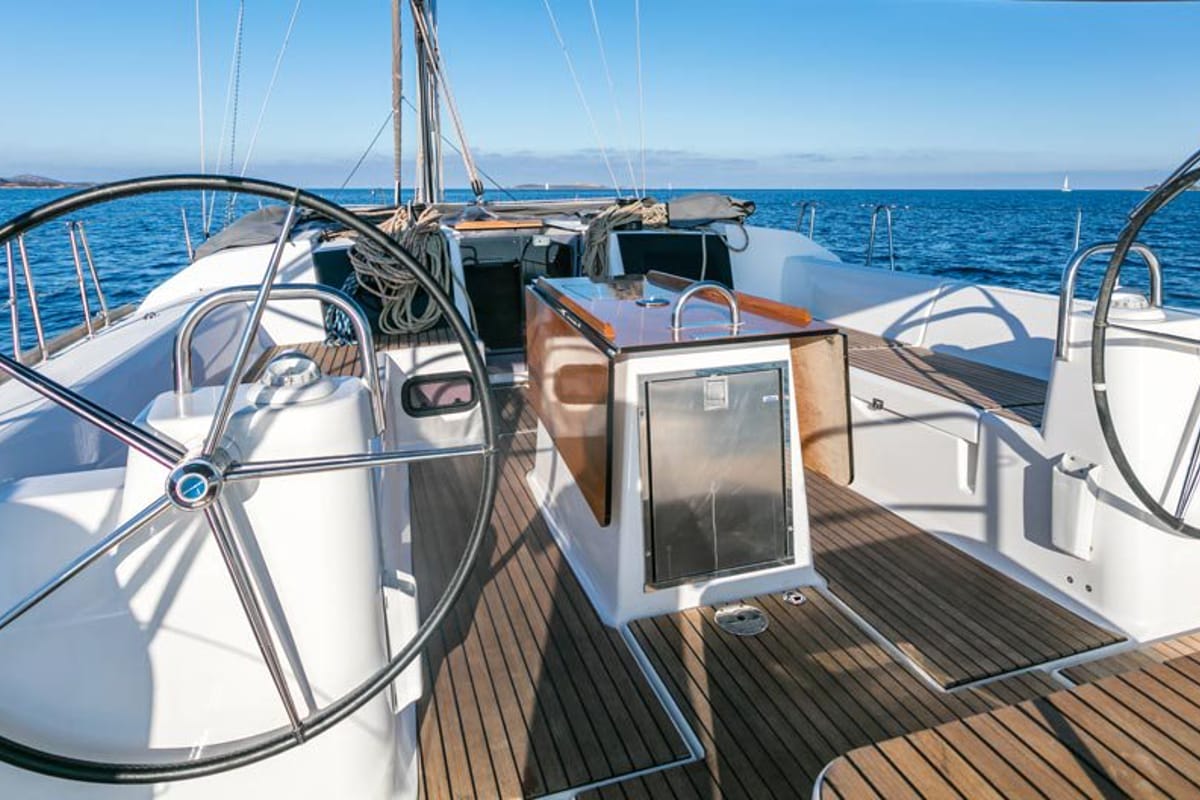 Cockpit of Sofia, a Dufour 512 Grand Large sailboat at Olbia, Italy