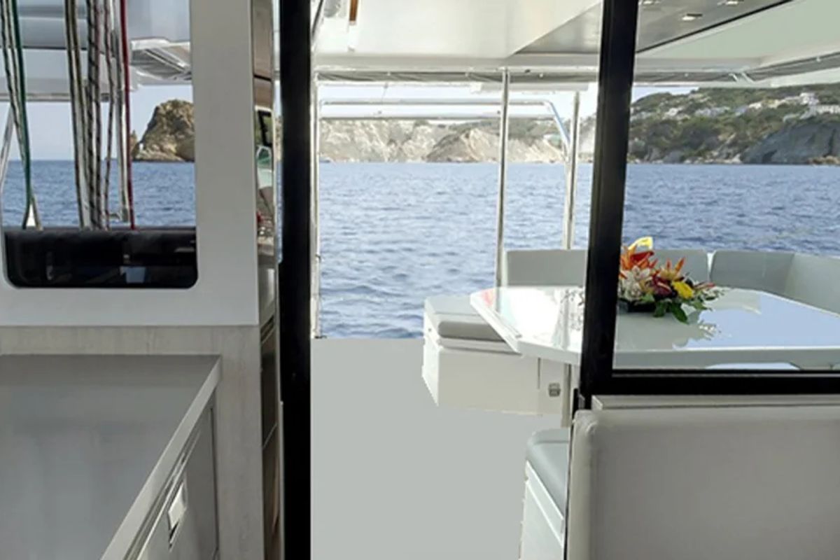 Deck of Sunsail 454L Classic, a Leopard 45 catamaran at Municipal Unit of Lefkada, Greece