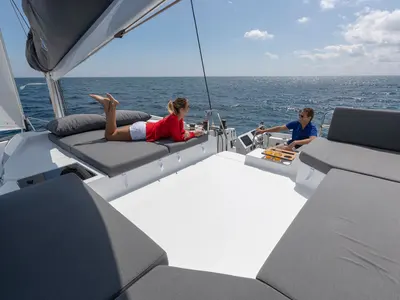 Cockpit of Karina, a Fountaine Pajot Elba 45 catamaran at Procida, Italy