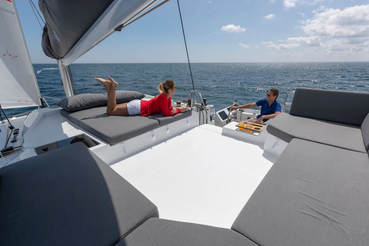 Cockpit of Karina, a Fountaine Pajot Elba 45 catamaran at Procida, Italy