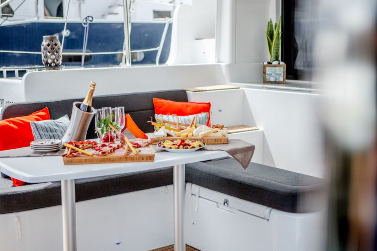 Exterior view of Alice, a Lagoon 46 catamaran at Athens, Greece