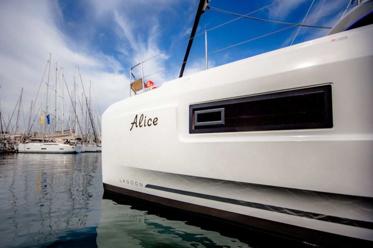 Exterior view of Alice, a Lagoon 46 catamaran at Athens, Greece