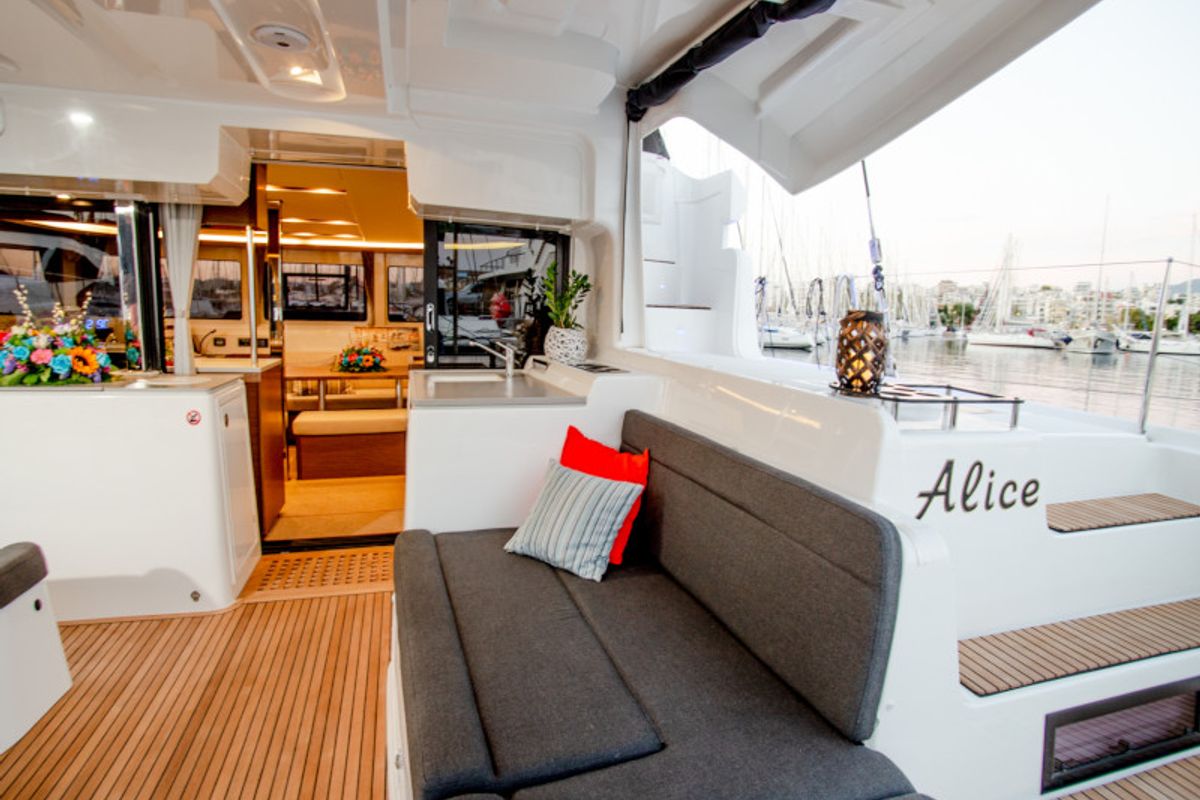 Deck of Alice, a Lagoon 46 catamaran at Athens, Greece