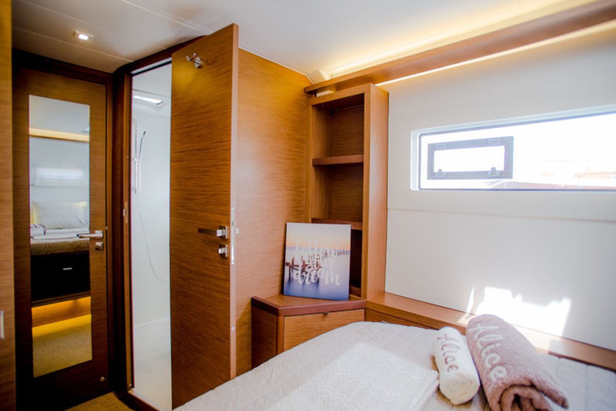 Exterior view of Alice, a Lagoon 46 catamaran at Athens, Greece