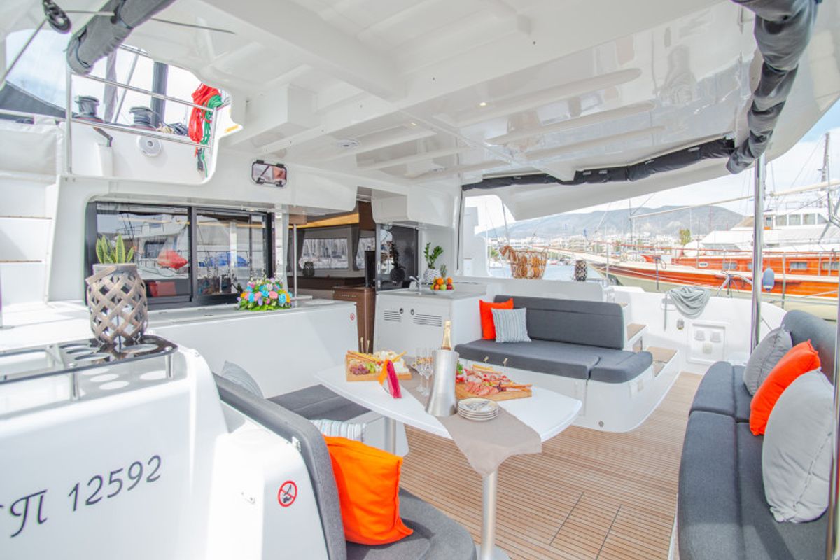 Deck of Alice, a Lagoon 46 catamaran at Athens, Greece